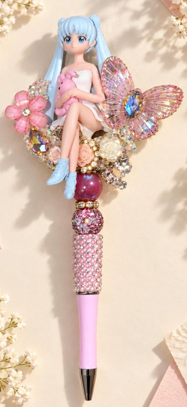 Blue Hair Doll Butterfly Pen, Pink Rhinestone Beaded Pen